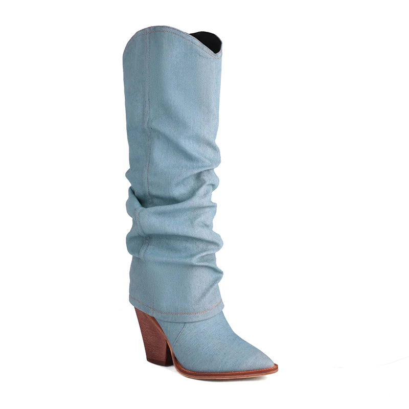 Kcenid Women Denim Knee High Boots Pointed Toe Slip-on Women High Heels Long Boots Sexy Pleated Solid Party Shoes Woman