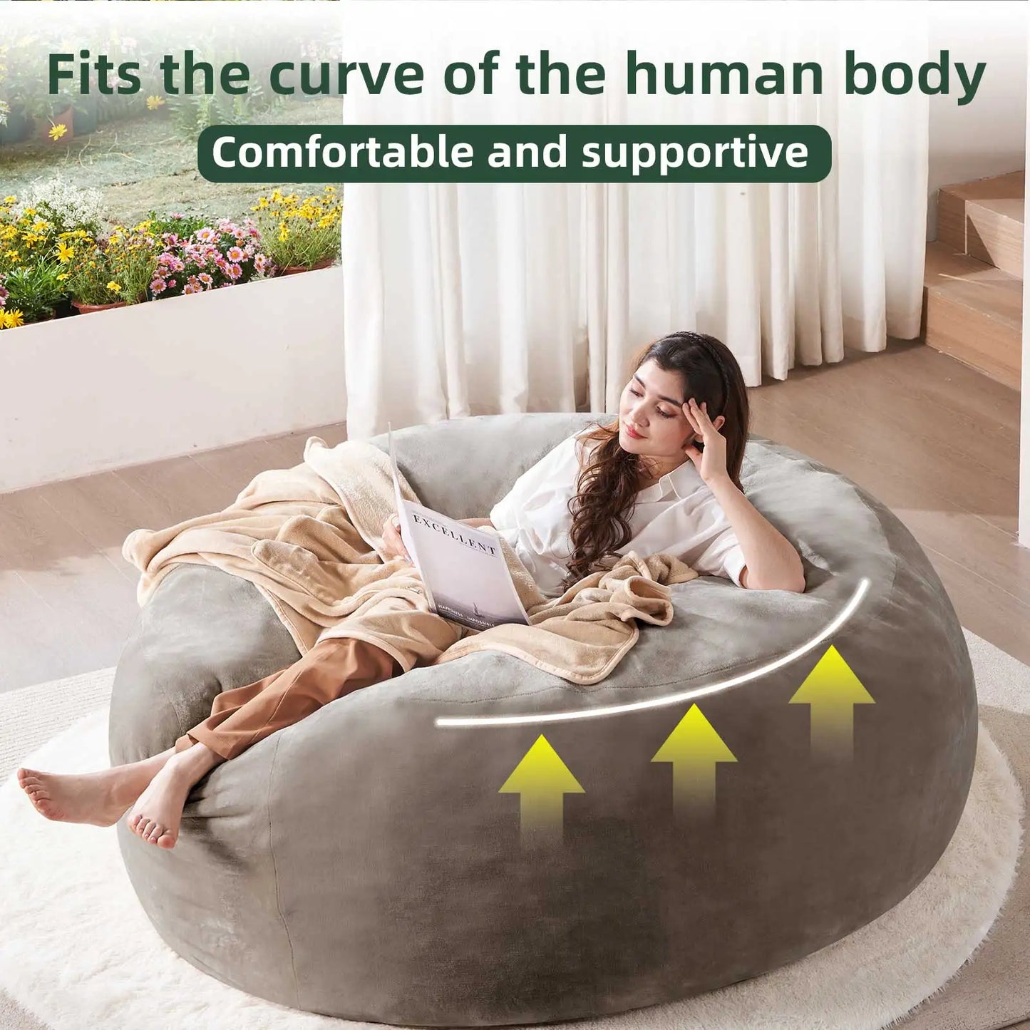 Bean Bag Chair 6 ft., filled with memory foam. Large bean bag chair suitable for adults, featuring a soft sofa with removable fl