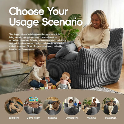 Adult Bean Bag Chair High Support Foam Cushion Corduroy Armrest Living Bedroom Gaming Gray Custom