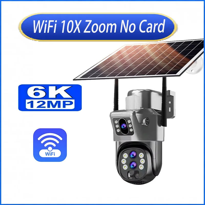6K 10X Zoom WiFi Outdoor Solar Camera Three Lens 12MP HD Night Vision PTZ Surveillance PIR Auto Tracking Wireless Network Cam