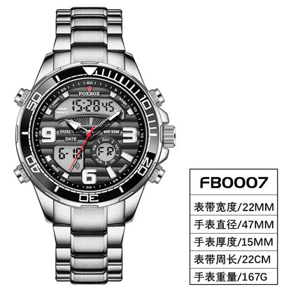 Luxury Man Watch LED Dual Display Luminous Calendar Week Mens Watch Waterproof Stainless Steel Chronograph Quartz Men Watches