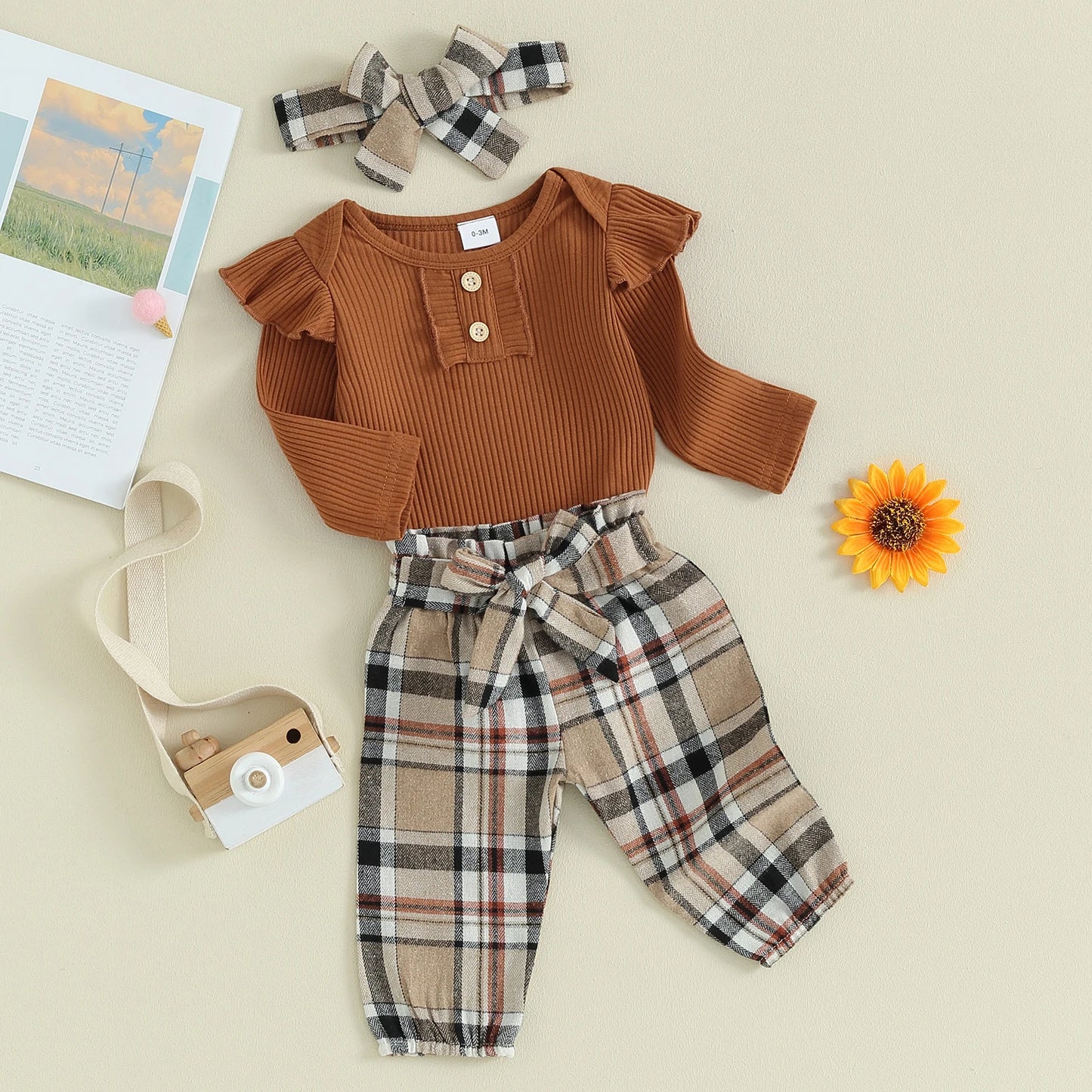 FOCUSNORM 3pcs Infant Baby Girls Fall Clothes Sets 0-18M Solid Color Buttons Long Sleeve Rompers Plaid Print Pants Headband