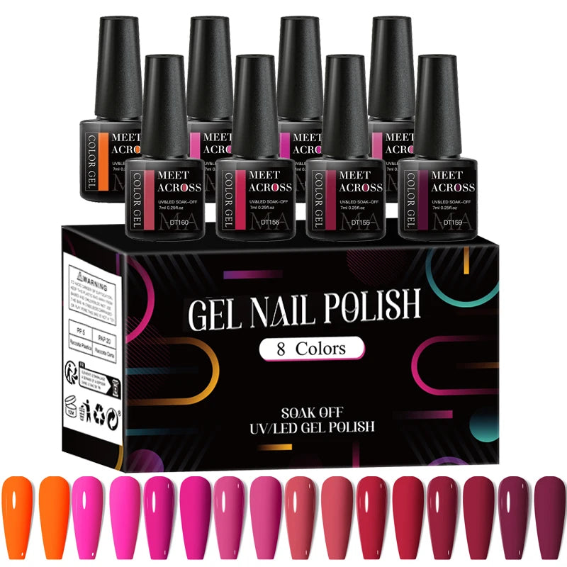 MEET ACROSS 8Pcs/Set Red Pink Gel Nail Polish Spring Colorful Laser Nail Art Gel Varnish Nail Supplies Manicure For Nails