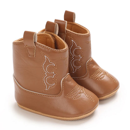 Leather Western Boots Cowboy Bootie Soft Sole Non-Slip Crib Shoes for Baby Infant Toddler Girls Boys Newborn