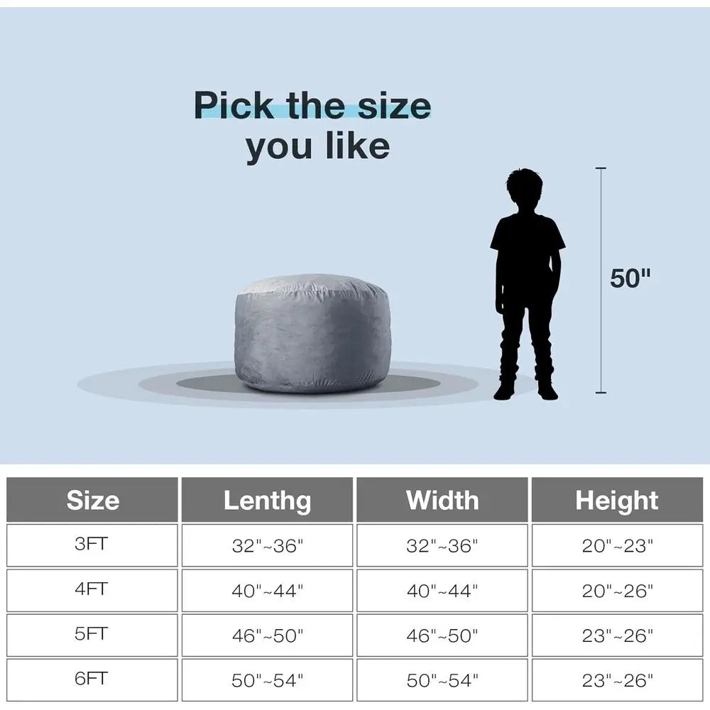 Adult-Sized 3-Foot Memory Foam Bean Bag Chair in Grey Velvet with Pull Handle and Side Pockets