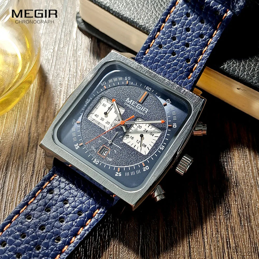 MEGIR Square Dial Chronograph Quartz Watches for Men Fashion Blue Leather Strap Casual Sport Wristwatch with Date 24-hour 2182