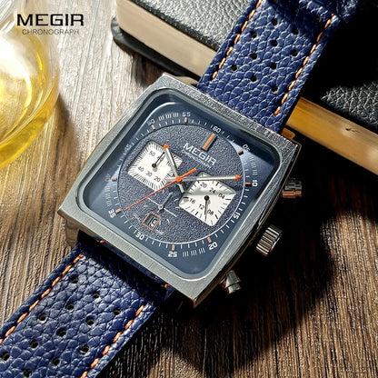 MEGIR Square Dial Chronograph Quartz Watches for Men Fashion Blue Leather Strap Casual Sport Wristwatch with Date 24-hour 2182