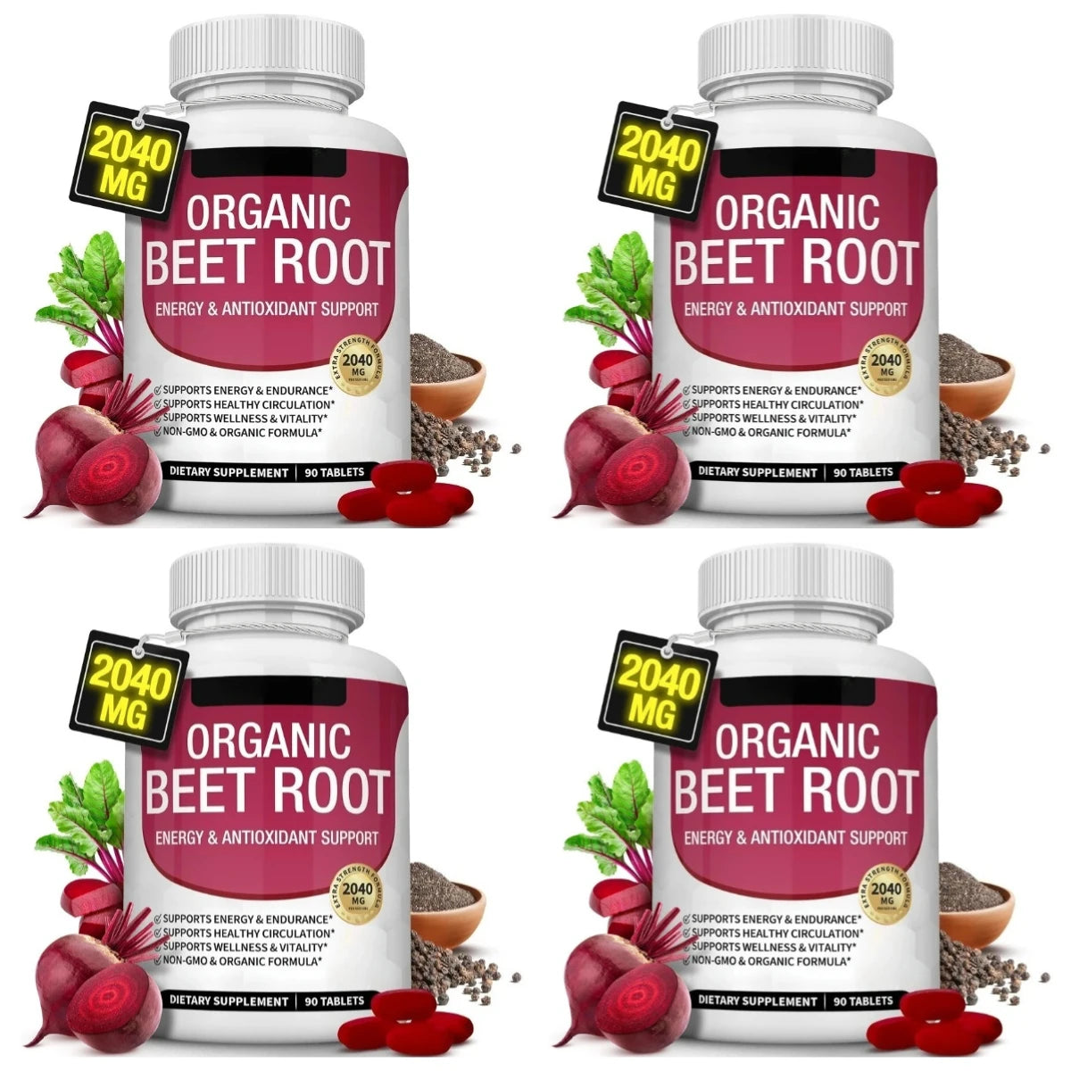 Organic Beet Root with Black Pepper Natural Energy Boost Immune Support Antioxidant Supplement Non-GMO Gluten Free 90 Tablets