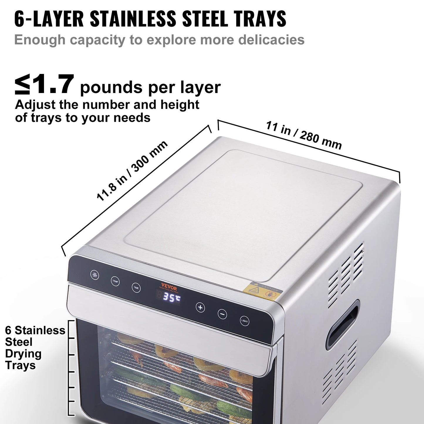 SucceBuy 6 Trays Food Dehydrator Machine 700W Stainless Steel Electric Food Dryer w/ Digital Adjustable Timer & Temperature