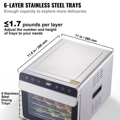 SucceBuy 6 Trays Food Dehydrator Machine 700W Stainless Steel Electric Food Dryer w/ Digital Adjustable Timer & Temperature