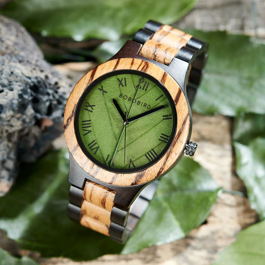 BOBO BIRD Men's Wood Watch with Genuine Leaf, Original Wooden Clock, Customized Watch, Handmade Watch, Anniversary Gift for Man