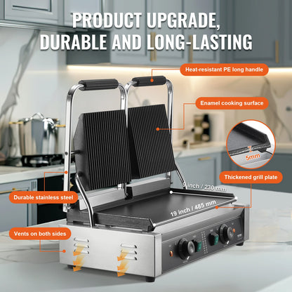 VEVOR Commercial Panini Grill 3600W Electric Sandwich Panini Maker with Temp Control And 19"x9" for Hamburger Steak Bacon 110V