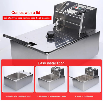 Aoresac 6L Electric Deep Fryer with Removable Oil Filtration Basket 1500W Stainless Steel Automatic Thermostatic Fish Frye