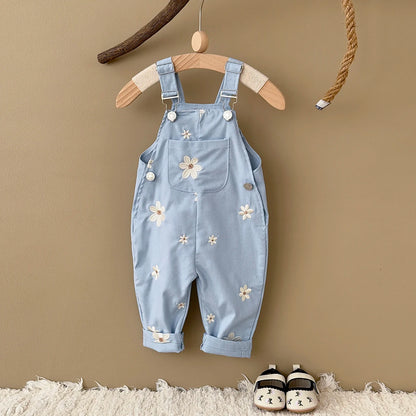 Summer Hot Baby Suspender Pants Sleeveless Flower Embroidery Loose Overalls Romper Girls Jumpsuits Boys Clothes with Pockets