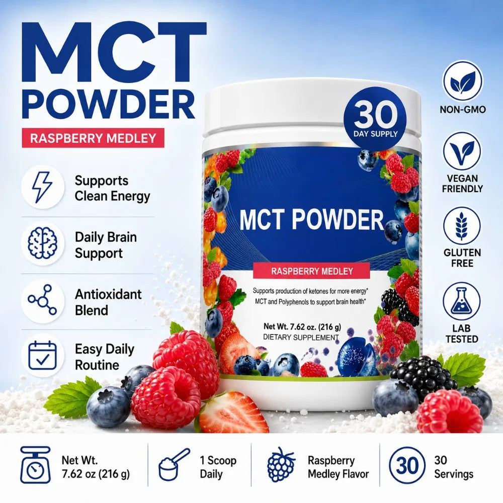 MCT Powder Raspberry Medley Drink Mix, D-Ribose 5000mg, Acetyl-L-Carnitine 500mg, Polyphenol Blend 300mg, 30 Servings 216g