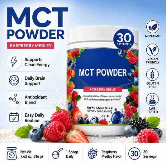 MCT Powder Raspberry Medley Drink Mix, D-Ribose 5000mg, Acetyl-L-Carnitine 500mg, Polyphenol Blend 300mg, 30 Servings 216g