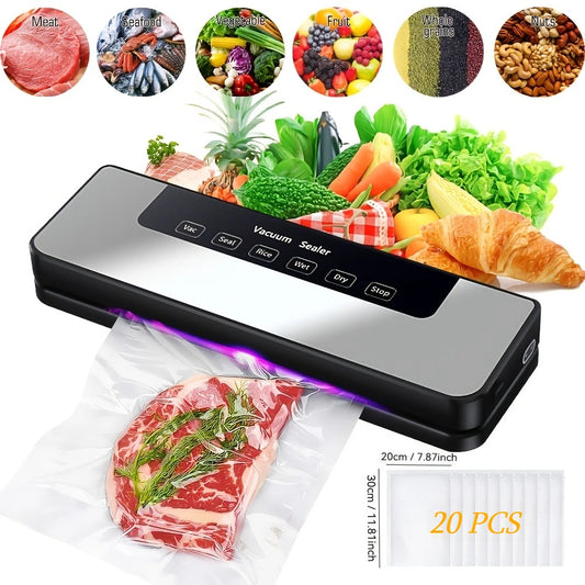 65Kpa Food Vacuum Sealer Machine with 20 Free Bags, Stainless Steel 6-in-1 Sealing, Dry/Wet Mode for Food Storage, Grey Merit Sell