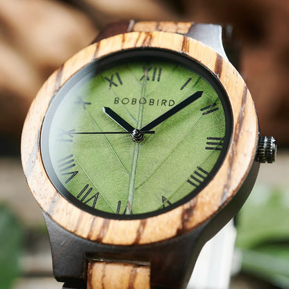 BOBO BIRD Men's Wood Watch with Genuine Leaf, Original Wooden Clock, Customized Watch, Handmade Watch, Anniversary Gift for Man