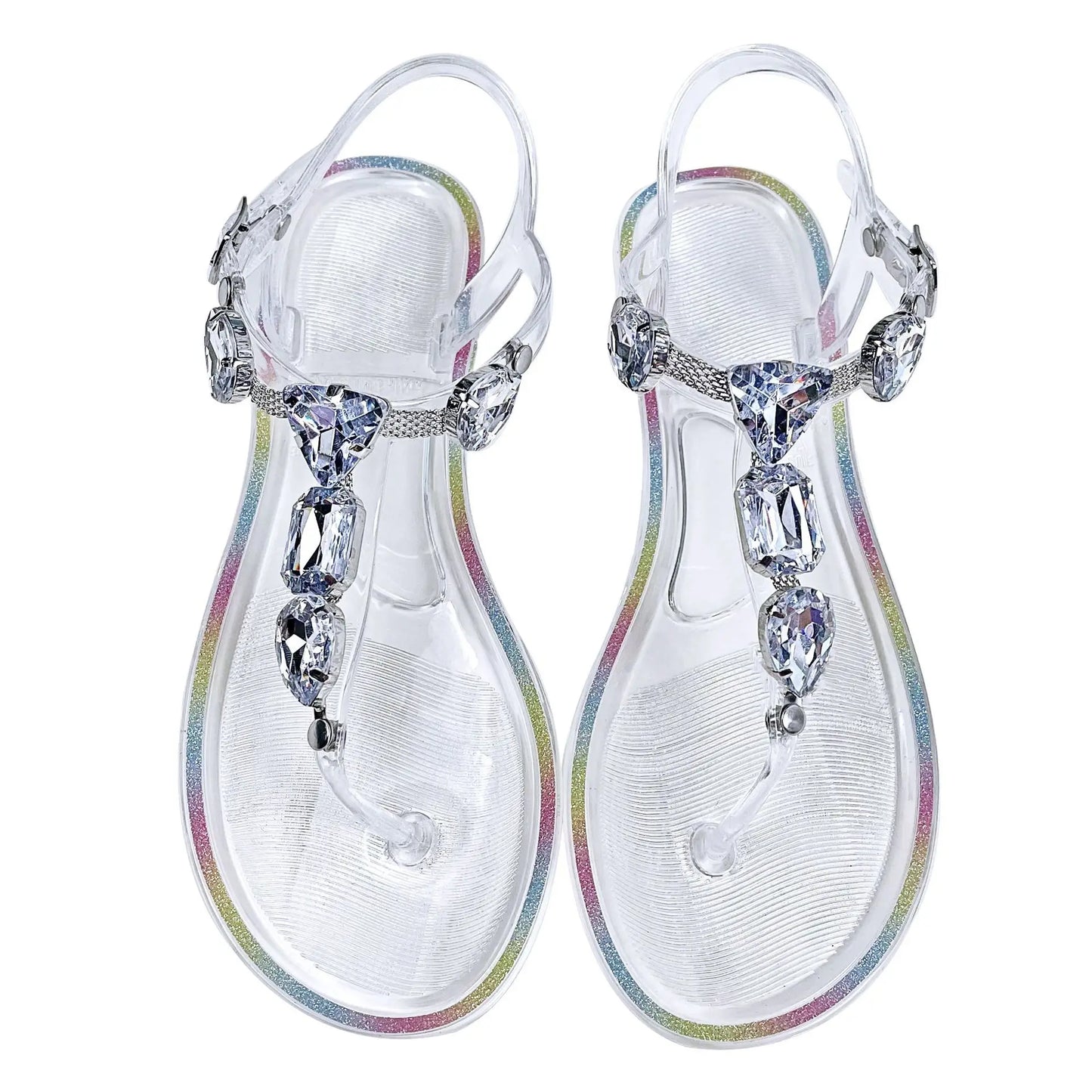Women's Rhinestone T-Strap Clip Toe Jelly Flip Flop Sandals Summer Buckle Non-Slip Clear Crystal Thong Flat  for Beach Daily