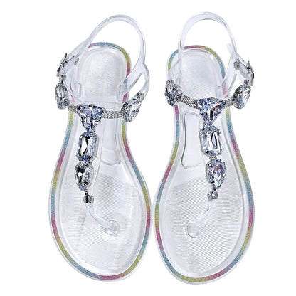 Women's Rhinestone T-Strap Clip Toe Jelly Flip Flop Sandals Summer Buckle Non-Slip Clear Crystal Thong Flat  for Beach Daily