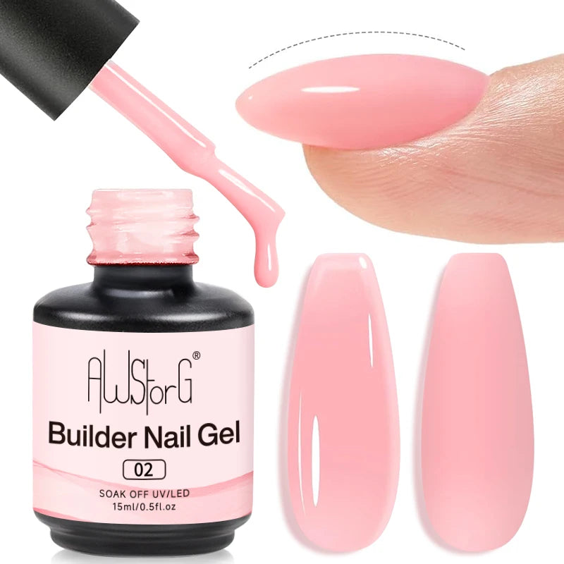 AWStorG 15ML Fiber Builder Nail Gel In A Bottle UV Semi Permanent Clear Pink Nail Strengthener Extension Construction Gel