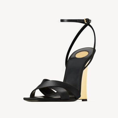 Arden Furtado 2025 Summer Satin Wedges Round Toe Belt buckle Super high heel Mixed Colors word-cingulate sandals large size