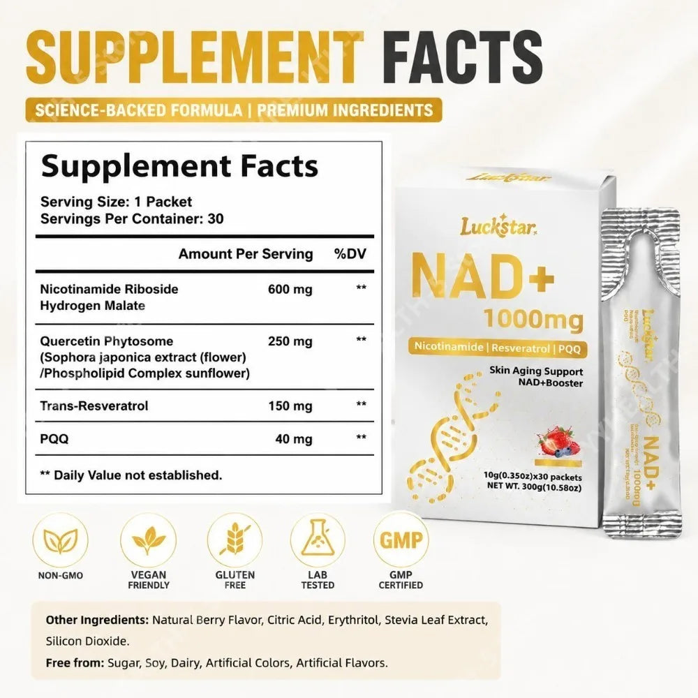 Luckstar NAD+ Supplement 1000mg NAD+ Level Support Skin Aging Support Nicotinamide Riboside Trans-Resveratrol PQQ Plus 30 CT