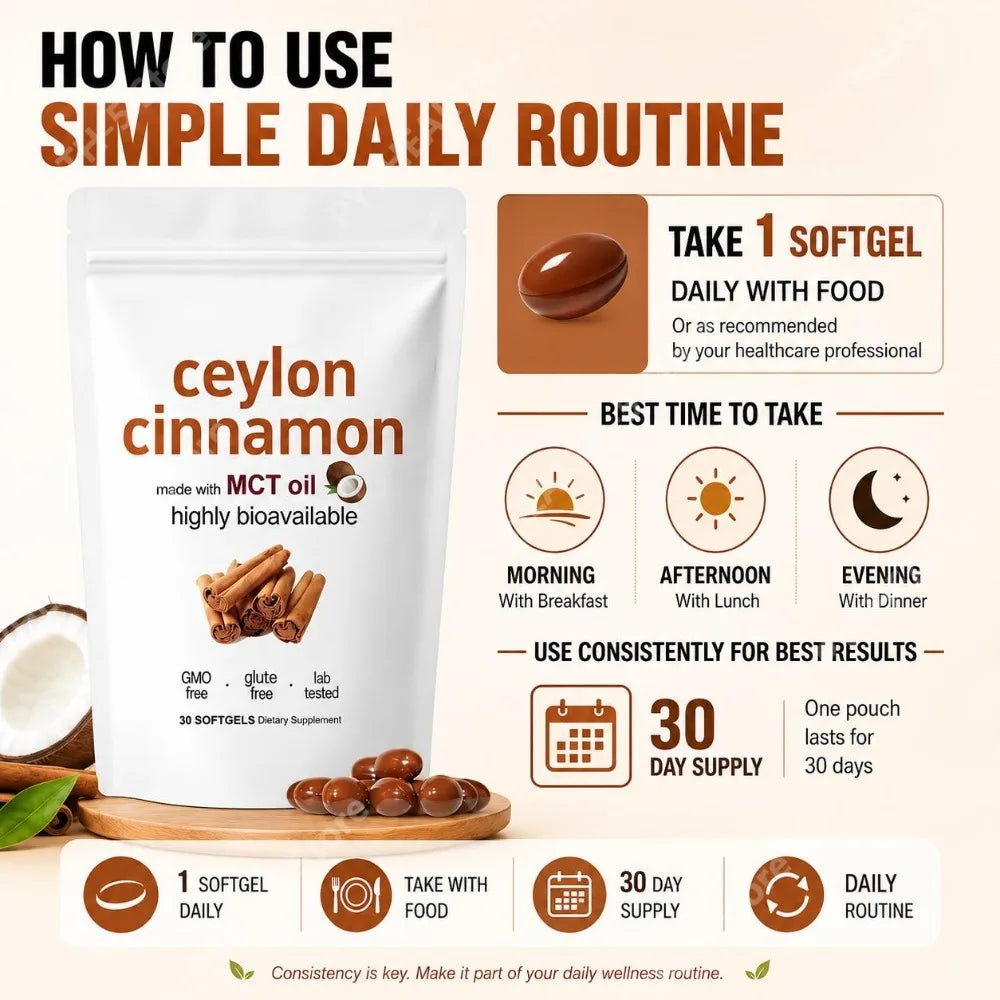 Ceylon Cinnamon Softgels, 600 Mg Ceylon Cinnamon Extract (12:1) for Glucose Metabolism Support and Lipid Balance, 30 Softgels