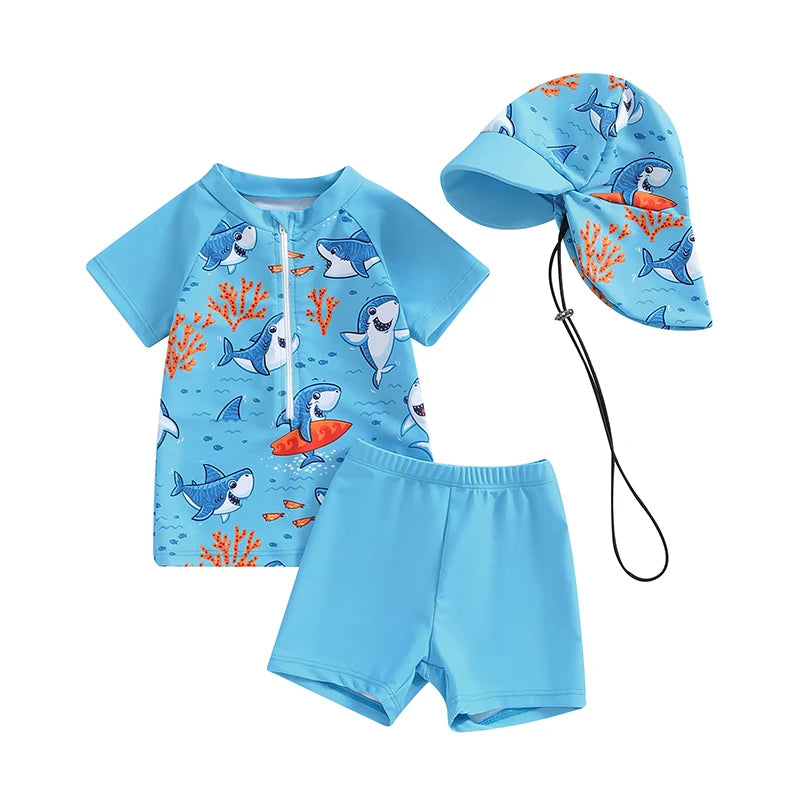 Toddler Baby Boys 3Pcs Swimsuits Rash Guard Beachwear Shark Print Long Sleeve Zip Up Tops+Swim Trunks with Cap Bathing Suit