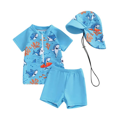 Toddler Baby Boys 3Pcs Swimsuits Rash Guard Beachwear Shark Print Long Sleeve Zip Up Tops+Swim Trunks with Cap Bathing Suit