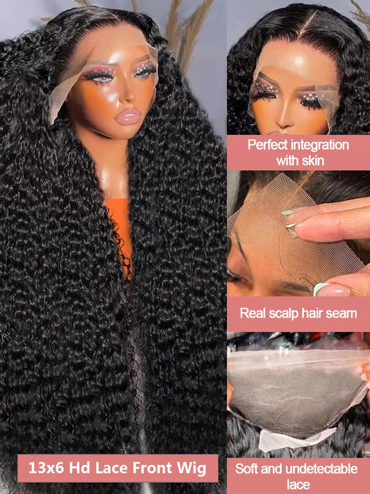 Deep Wave Glueless Wig Human Hair 40-Inch 13x6 Lace Front Wig 360 Full Lace Wigs For Women 250 Density Pre cut Kinky Curly Wigs