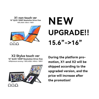EHOMEWEI Dual Screen Portable Monitor X Series Drive-free Phone-touch FHD 2K 15.6“  16“ For Laptop Windows Macbook
