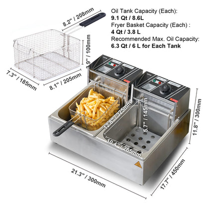 VEVOR  12L 5000W Electric Deep Fryer w/Dual Removable Tanks Commercial Countertop  Fryer for Chicken French Fries Frying Chips
