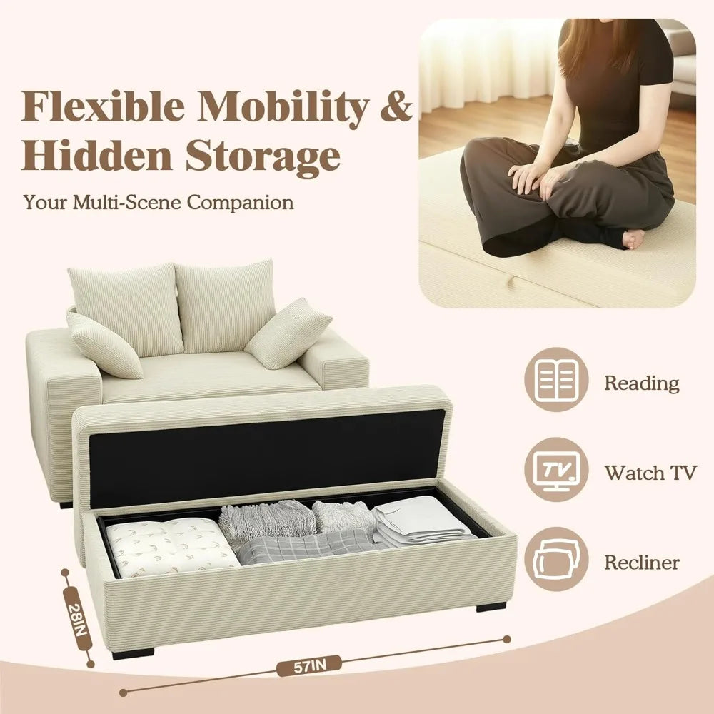 Oversized Chaise Lounge Chair with Storage Ottoman, 60" Corduroy Sofa with 4 Pillows, Wide Armrests for Living Room