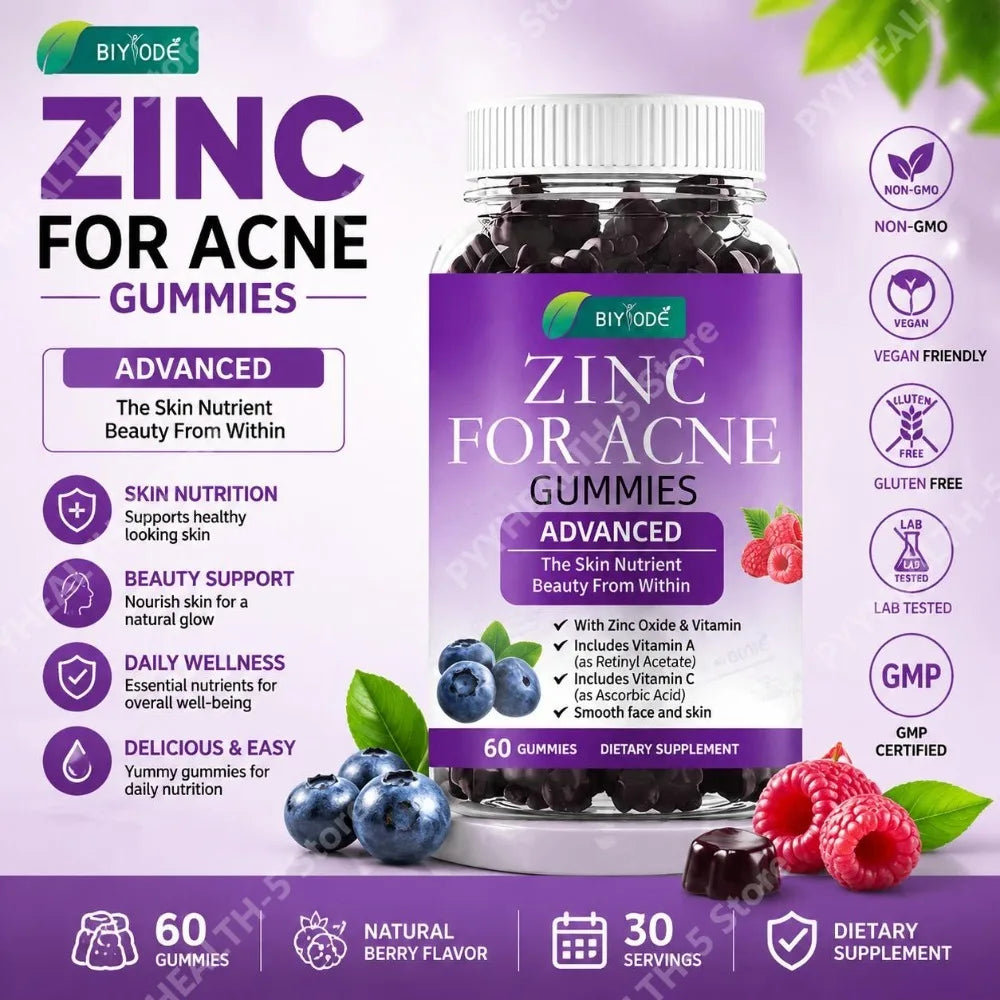 BIYODE Advanced Zinc Oxide Gummies with Vitamin A Retinyl Acetate and Vitamin C Ascorbic Acid, Smooth Face and Skin, 60 Gummies