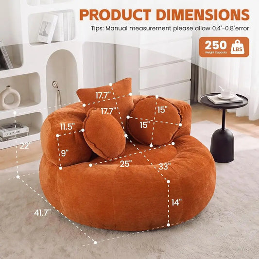 Oversized Round Sofa Chair in Orange Chenille, Deep Seated Cloud Couch, Bean Bag Accent Chair for Living and Bedroom - Merit Sell