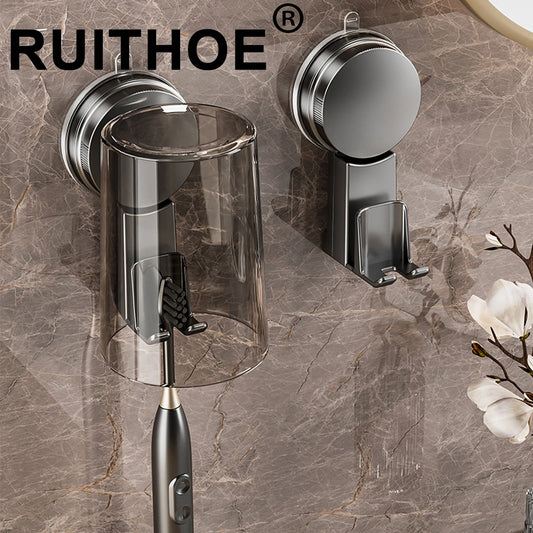 Suction Cup Toothbrush Holder With Squeezer Perforation-free Bathroom Shelf Mouthwash Cup Toothbrush Holder