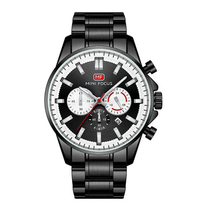 MINI FOCUS Chronograph Quartz Watch Men Silver Blue Waterproof Luminous Dress Wristwatch with Date Stainless Steel Strap 0469