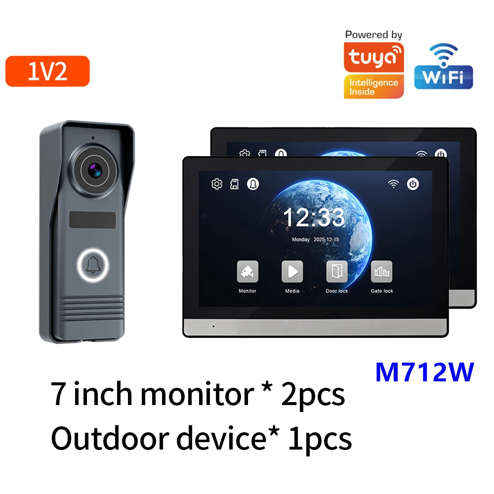 2-Wire Digital Video Intercom System 7 Inch Wireless WIFI APP Monitor 1080P Doorphone Camera Video Doorbell Card work with tuya