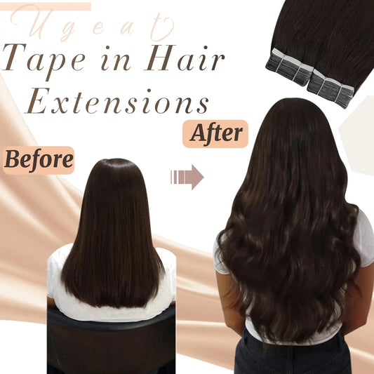 Ugeat Human Hair Tape in Extensions Brown Hair Extensions Real Human Hair Dark Brown Remy Hair Invisible Double Sided