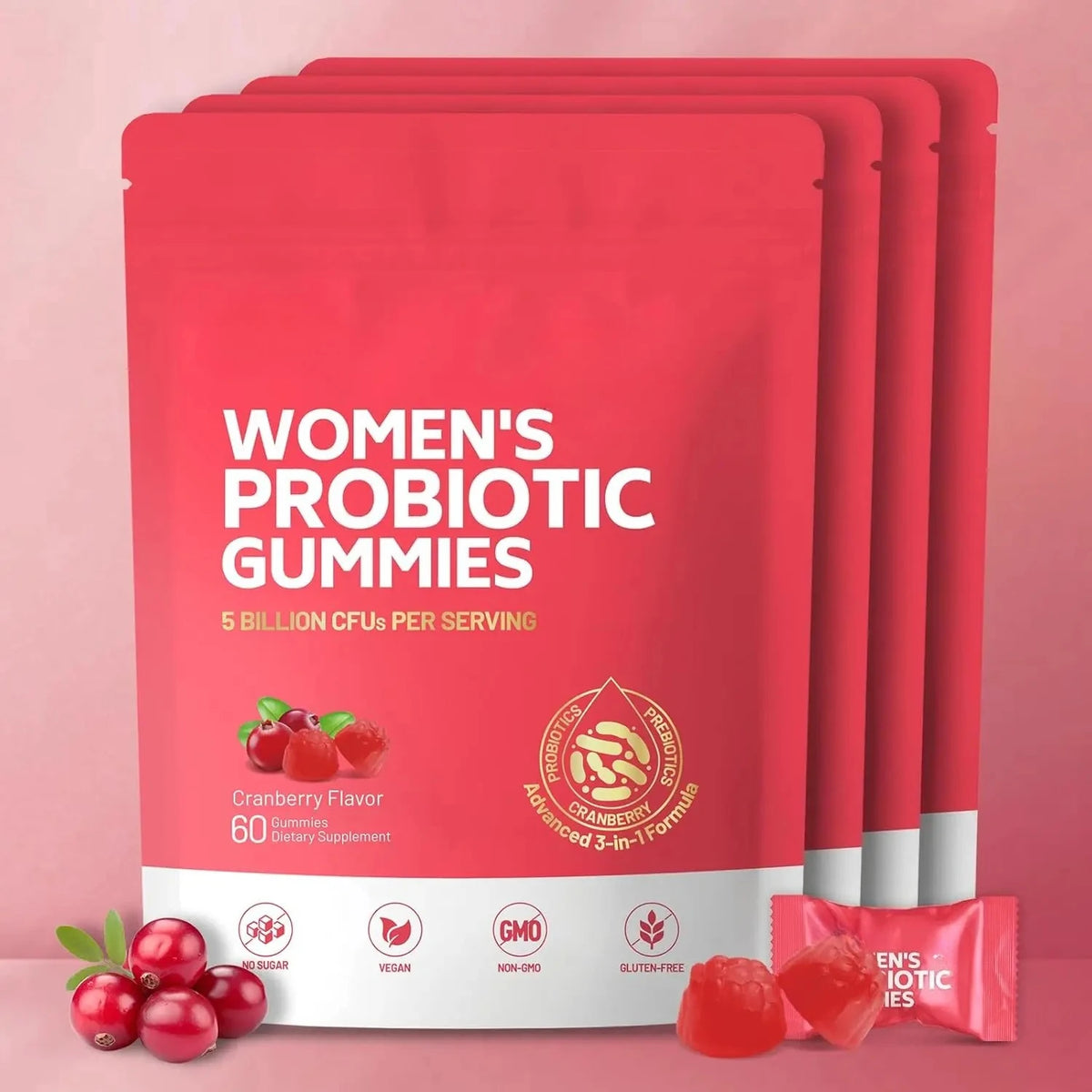 Women Probiotic Gummies with Prebiotic Fiber 5 Billion CFU Support Gut Digestive Balance Immune Defense Women PH Wellness 60 Ct