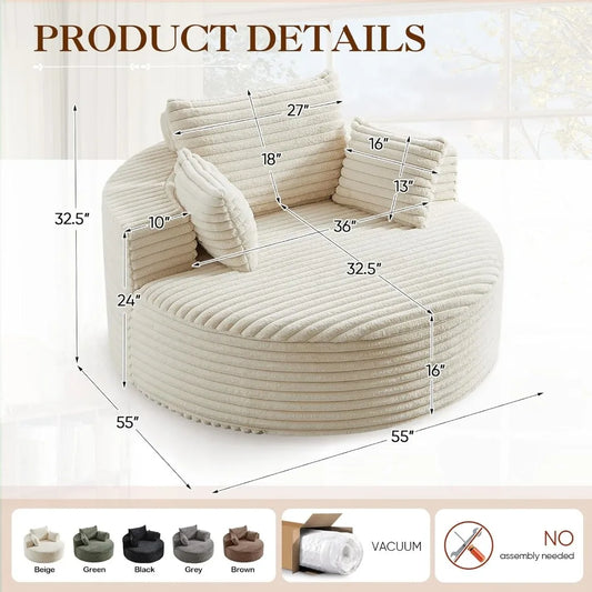 Oversized Round Chaise Lounge Chair Indoor, 55-inch Corduroy Deep Seat Cloud Floor Sofa for Living Room, Bedroom, Beige Merit Sell