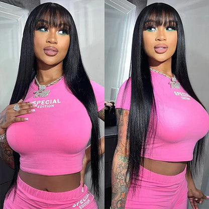 30 Inch Human Hair Wig With Bangs Straight Wigs 100% Brazilian Human Hair None Lace Frontal Wigs Glueless Wigs On Clearance Sale