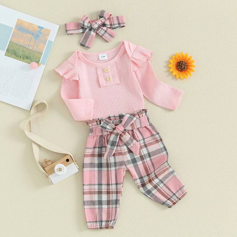 FOCUSNORM 3pcs Infant Baby Girls Fall Clothes Sets 0-18M Solid Color Buttons Long Sleeve Rompers Plaid Print Pants Headband