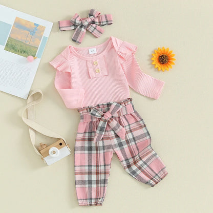 FOCUSNORM 3pcs Infant Baby Girls Fall Clothes Sets 0-18M Solid Color Buttons Long Sleeve Rompers Plaid Print Pants Headband