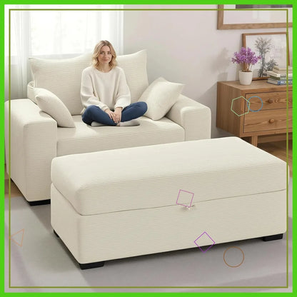 Oversized Chaise Lounge Chair with Storage Ottoman, 60" Corduroy Sofa with 4 Pillows, Wide Armrests for Living Room
