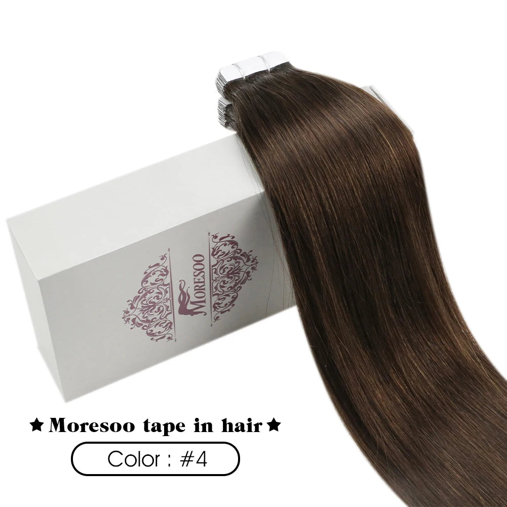 Moresoo Tape in Real Human Hair Extensions #4 Dark Brown Natural Remy Brazilian Hair PU Skin Weft Hair Extensions Tape in