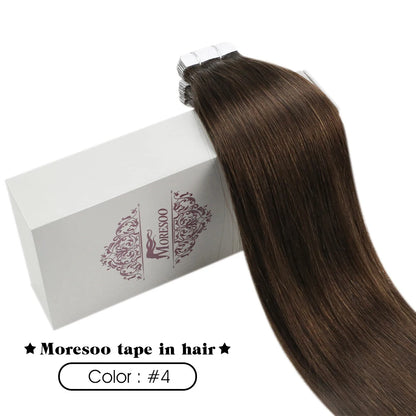 Moresoo Tape in Real Human Hair Extensions #4 Dark Brown Natural Remy Brazilian Hair PU Skin Weft Hair Extensions Tape in