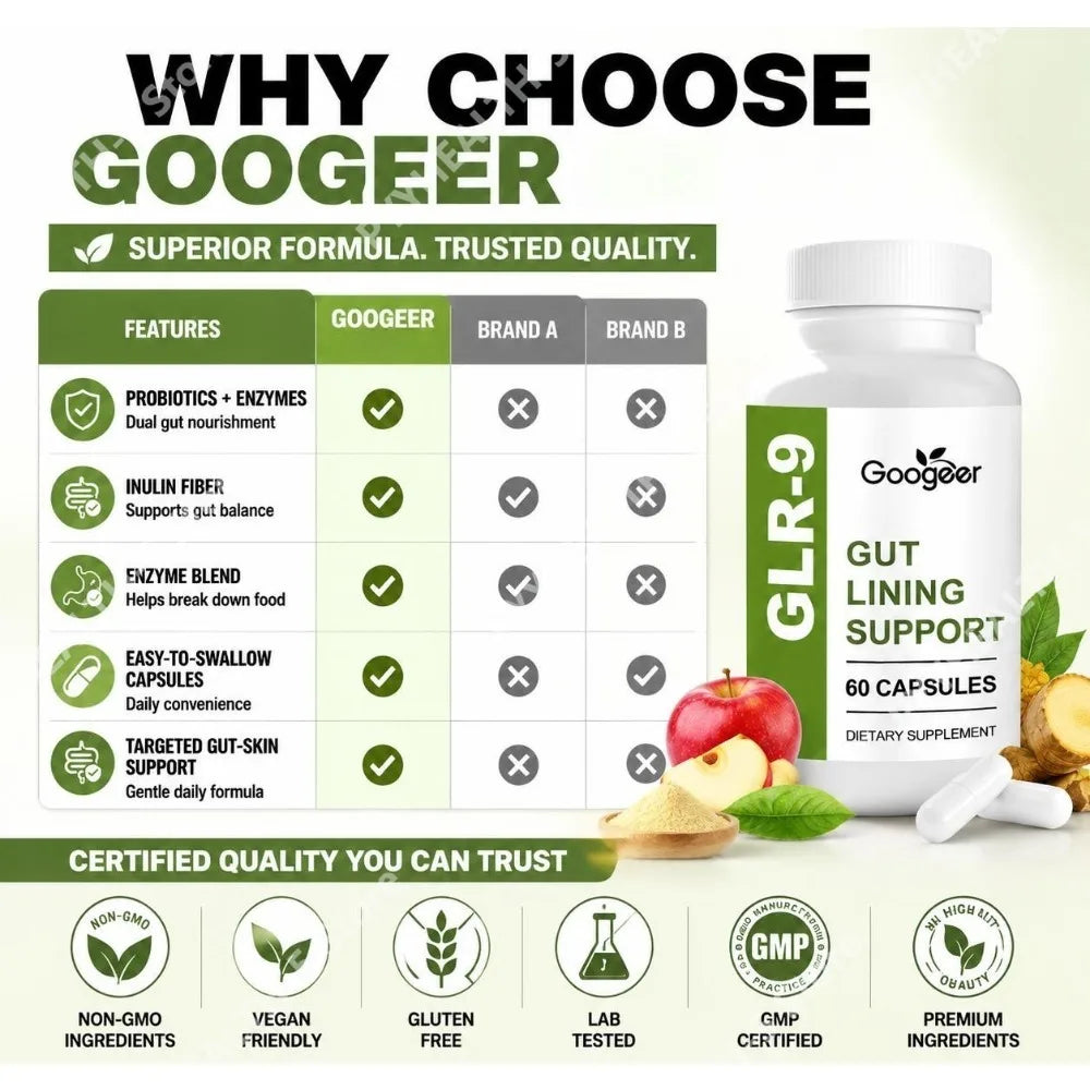 Googeer Gut Lining Support Capsules with Apple Cider Vinegar Powder, Inulin Fiber, Enzyme Blend and Probiotics 60 Capsules