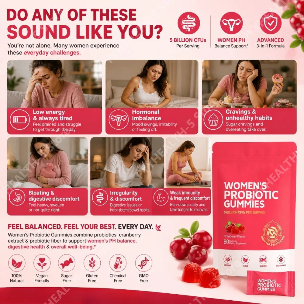 Women Probiotic Gummies with Prebiotic Fiber 5 Billion CFU Support Gut Digestive Balance Immune Defense Women PH Wellness 60 Ct